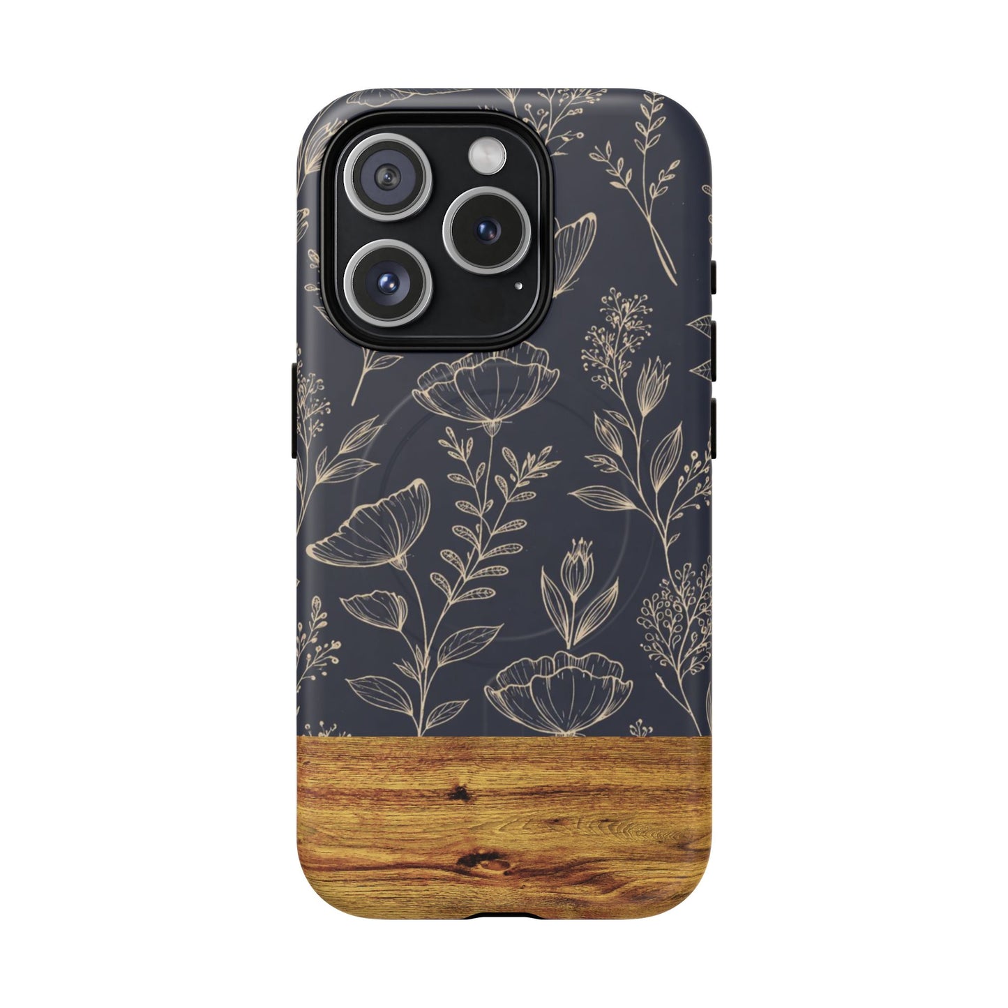 Floral Woodgrain Tough Magnetic Phone Case — Navy Botanical Protection