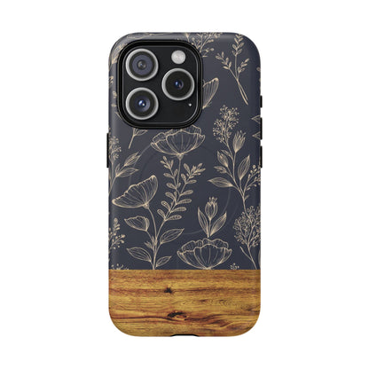 Floral Woodgrain Tough Magnetic Phone Case — Navy Botanical Protection