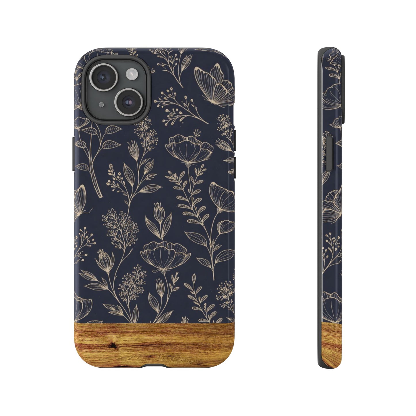 Floral Navy Tough Phone Case — Wood Accent Protective Cover