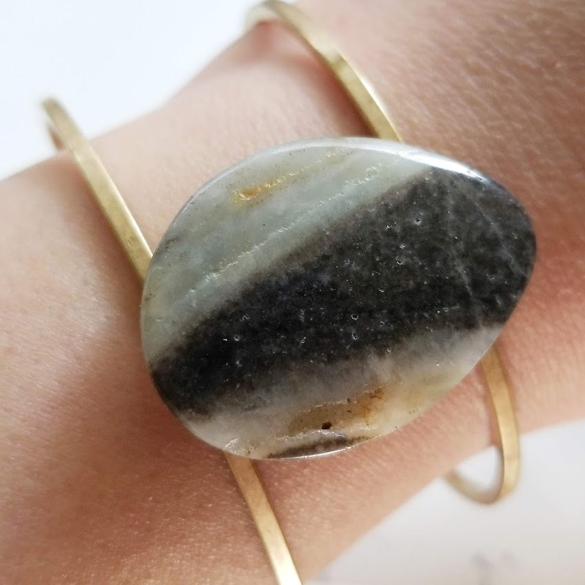 Wire Wrapped Black Gold Amazonite Teardrop and Brass Cuff