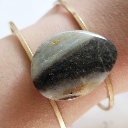 Wire Wrapped Black Gold Amazonite Teardrop and Brass Cuff