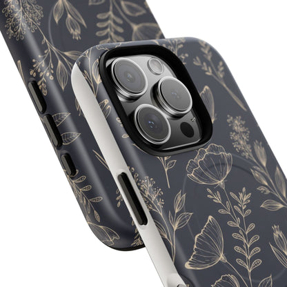 Floral Woodgrain Tough Magnetic Phone Case — Navy Botanical Protection