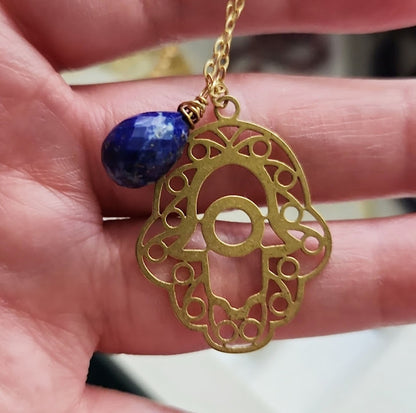 Lapis Lazuli and Hamsa Charm, Evil Eye Protection Necklace