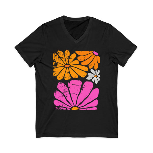 Sunbloom Boho Vintage Floral - Short Sleeve V Neck