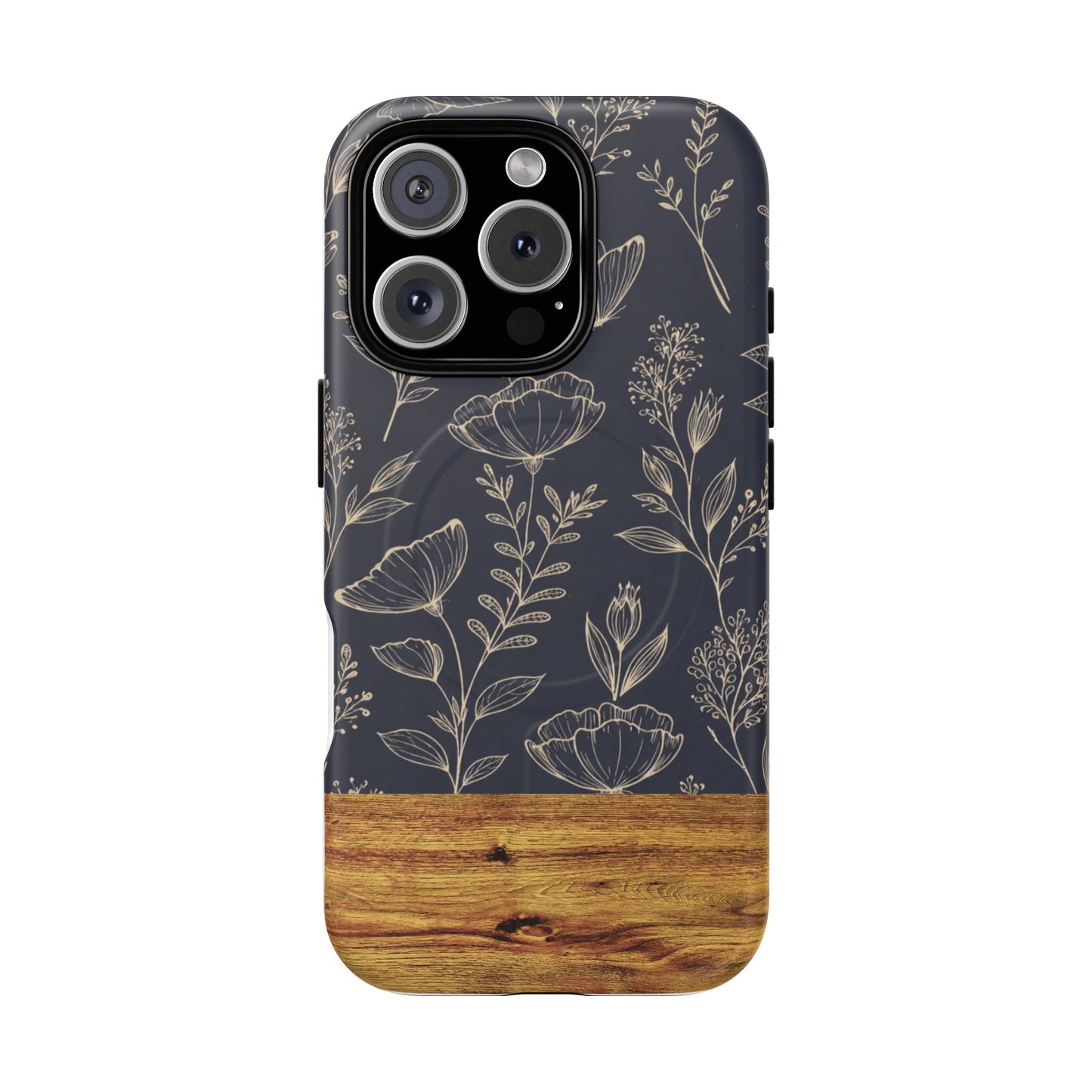 Floral Woodgrain Tough Magnetic Phone Case — Navy Botanical Protection
