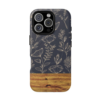 Floral Woodgrain Tough Magnetic Phone Case — Navy Botanical Protection
