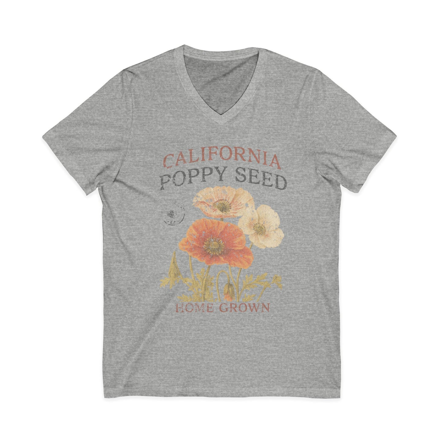 Poppy Seed, Faded Vintage Print - Short Sleeve V-Neck Tee