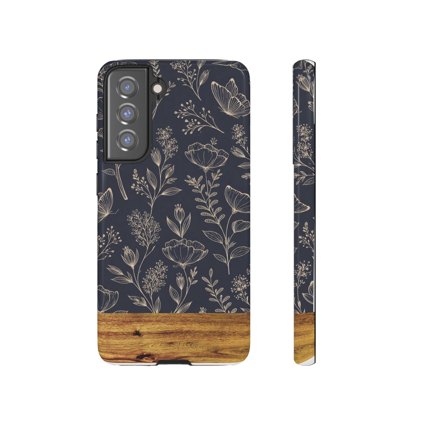 Floral Navy Tough Phone Case — Wood Accent Protective Cover