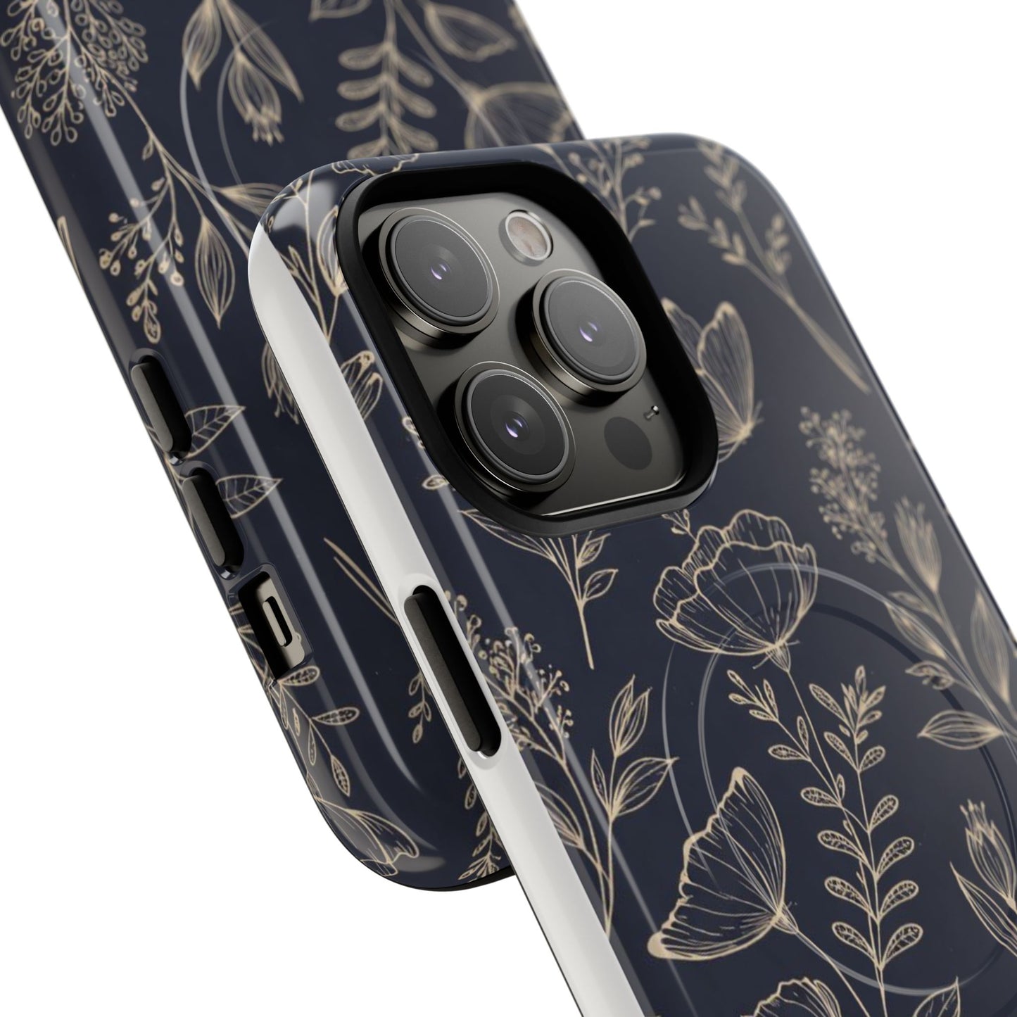 Floral Woodgrain Tough Magnetic Phone Case — Navy Botanical Protection