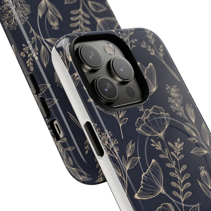 Floral Woodgrain Tough Magnetic Phone Case — Navy Botanical Protection
