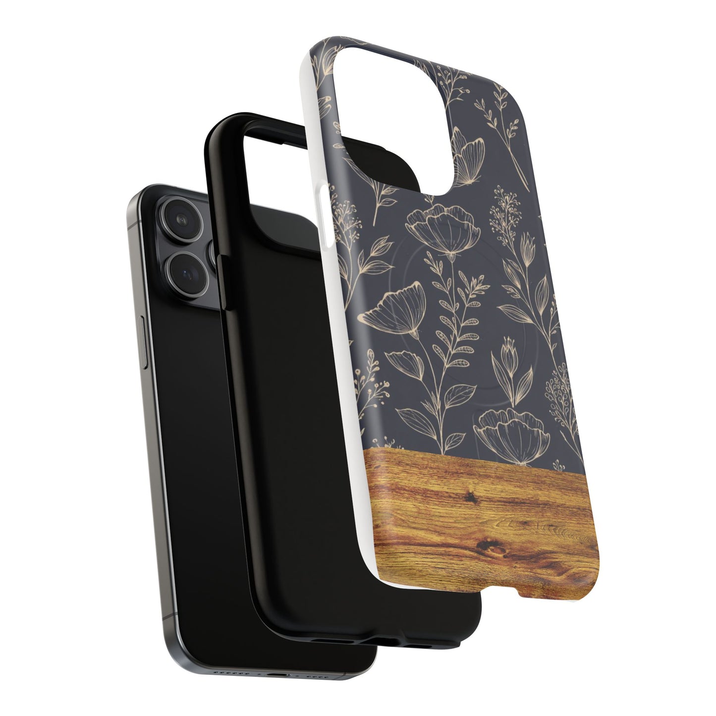 Floral Woodgrain Tough Magnetic Phone Case — Navy Botanical Protection