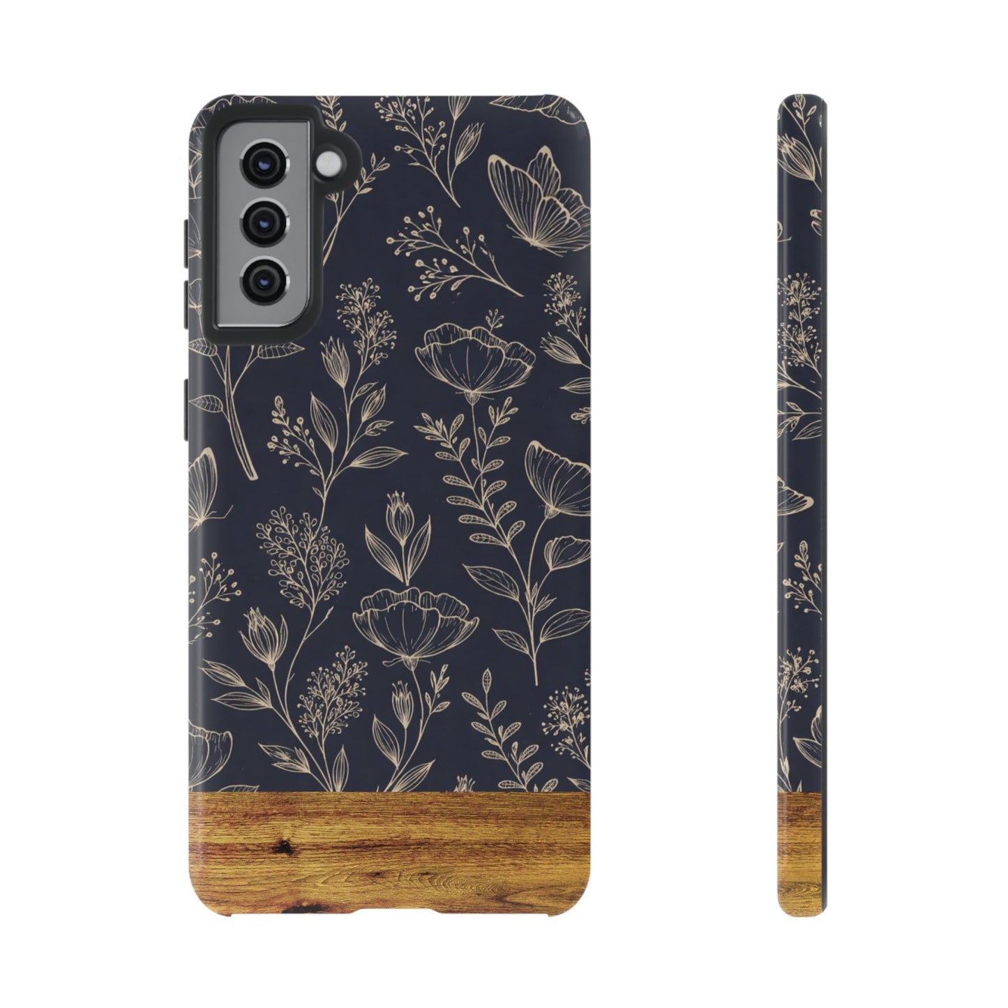 Floral Navy Tough Phone Case — Wood Accent Protective Cover