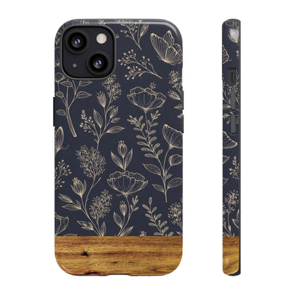 Floral Navy Tough Phone Case — Wood Accent Protective Cover