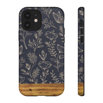Floral Navy Tough Phone Case — Wood Accent Protective Cover