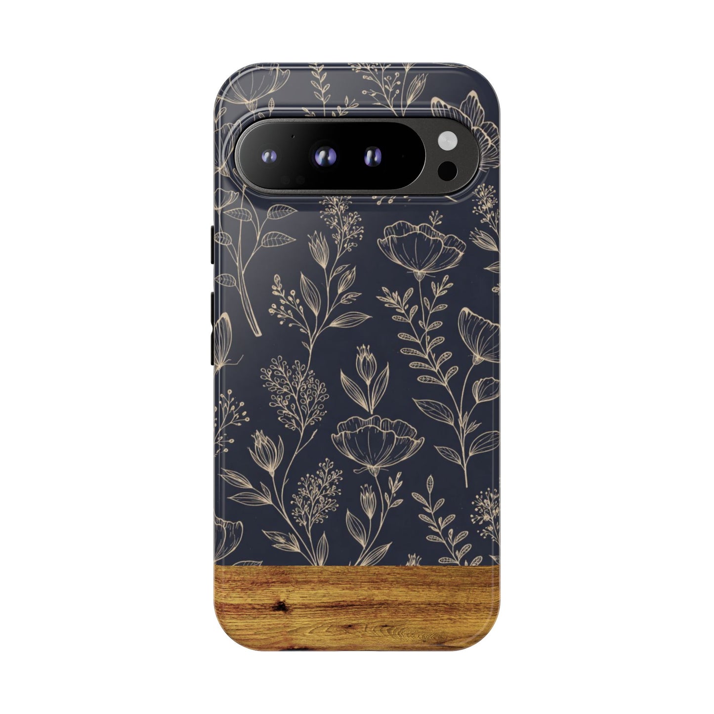 Floral Navy Tough Phone Case — Wood Accent Protective Cover