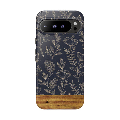 Floral Navy Tough Phone Case — Wood Accent Protective Cover