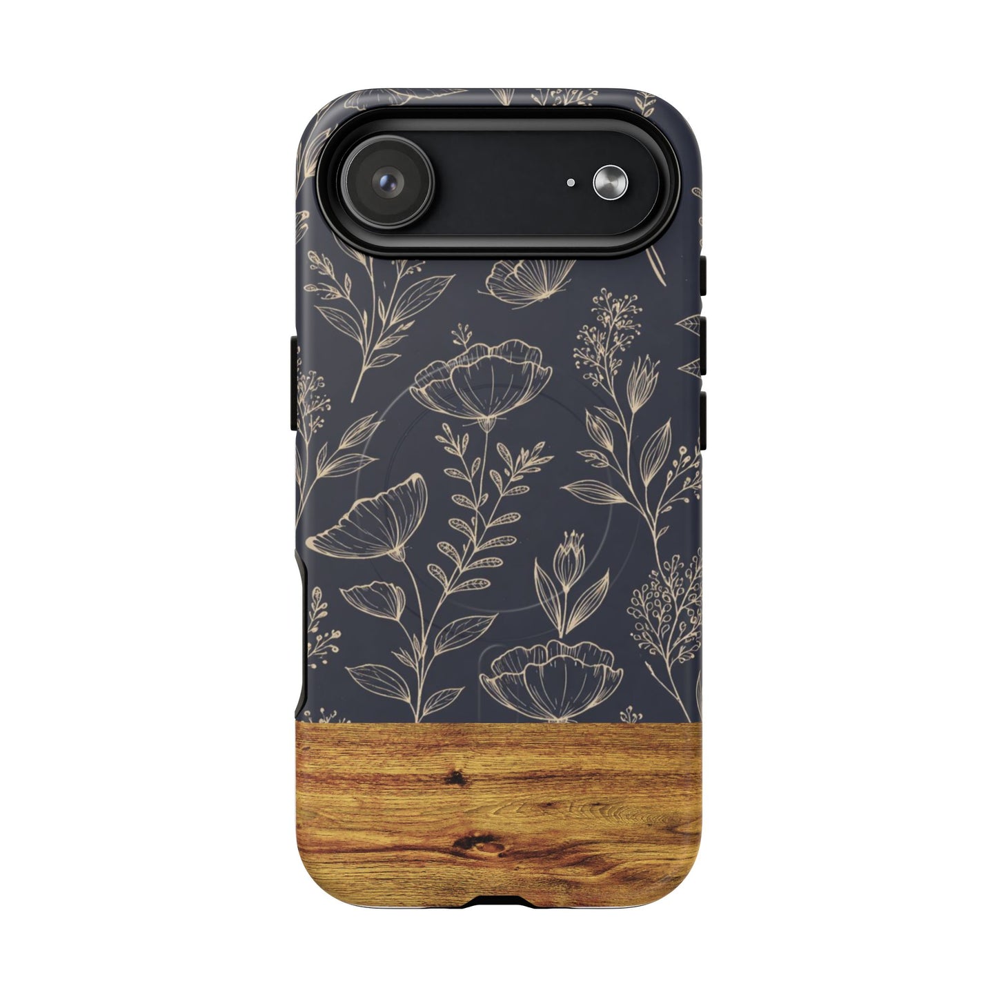 Floral Woodgrain Tough Magnetic Phone Case — Navy Botanical Protection