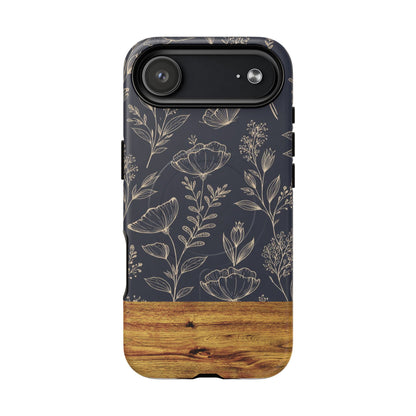 Floral Woodgrain Tough Magnetic Phone Case — Navy Botanical Protection
