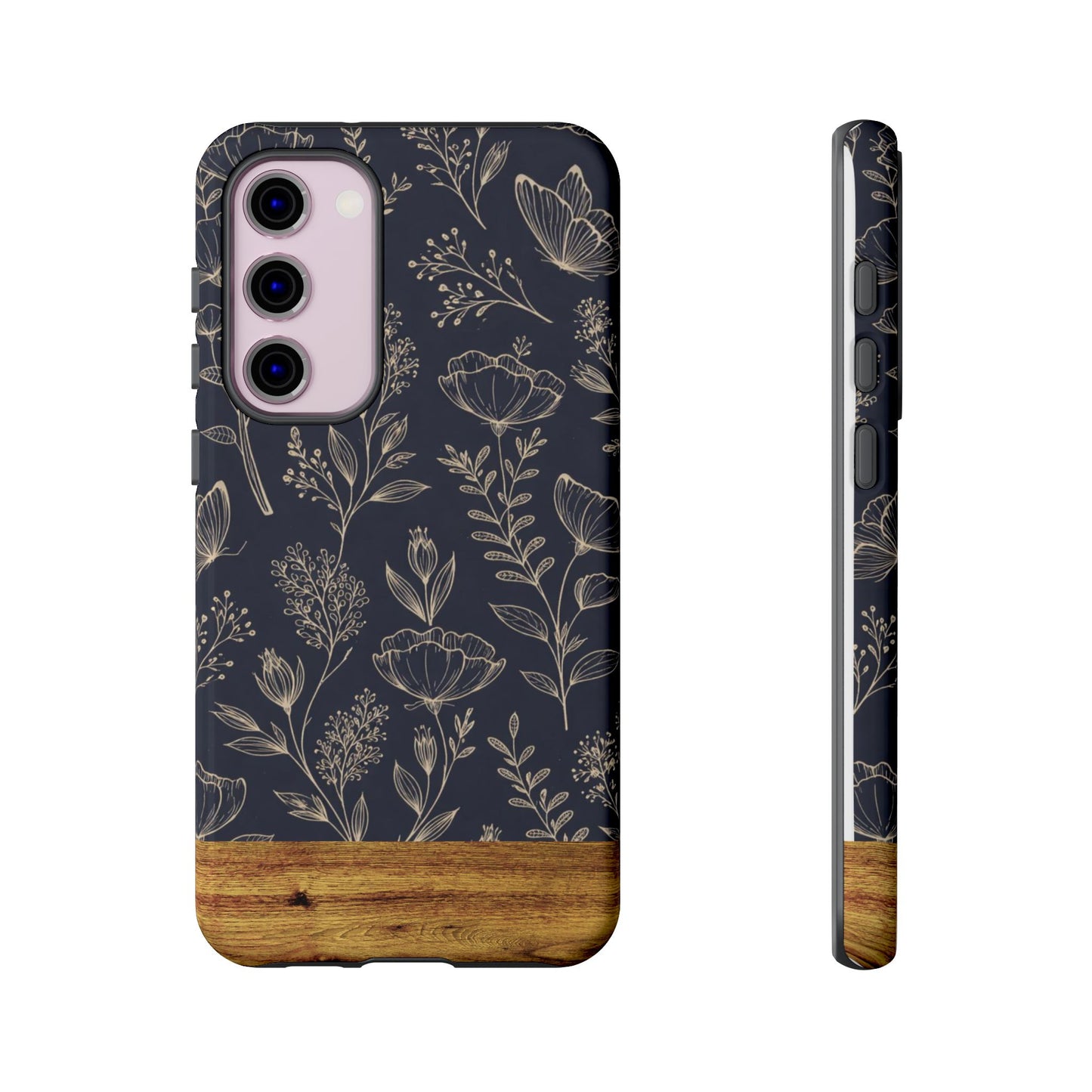 Floral Navy Tough Phone Case — Wood Accent Protective Cover