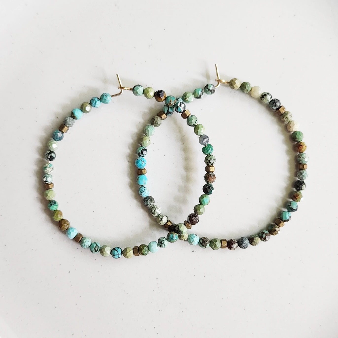 Blue Turquoise and Antiqued Brass Beaded Hoop Earrings
