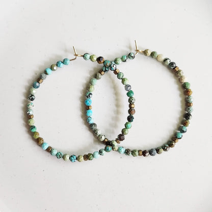 Blue Turquoise and Antiqued Brass Beaded Hoop Earrings