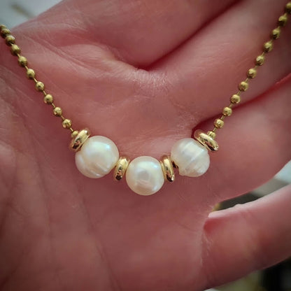 Natural White Freshwater Pearl and Brass Beaded Necklace