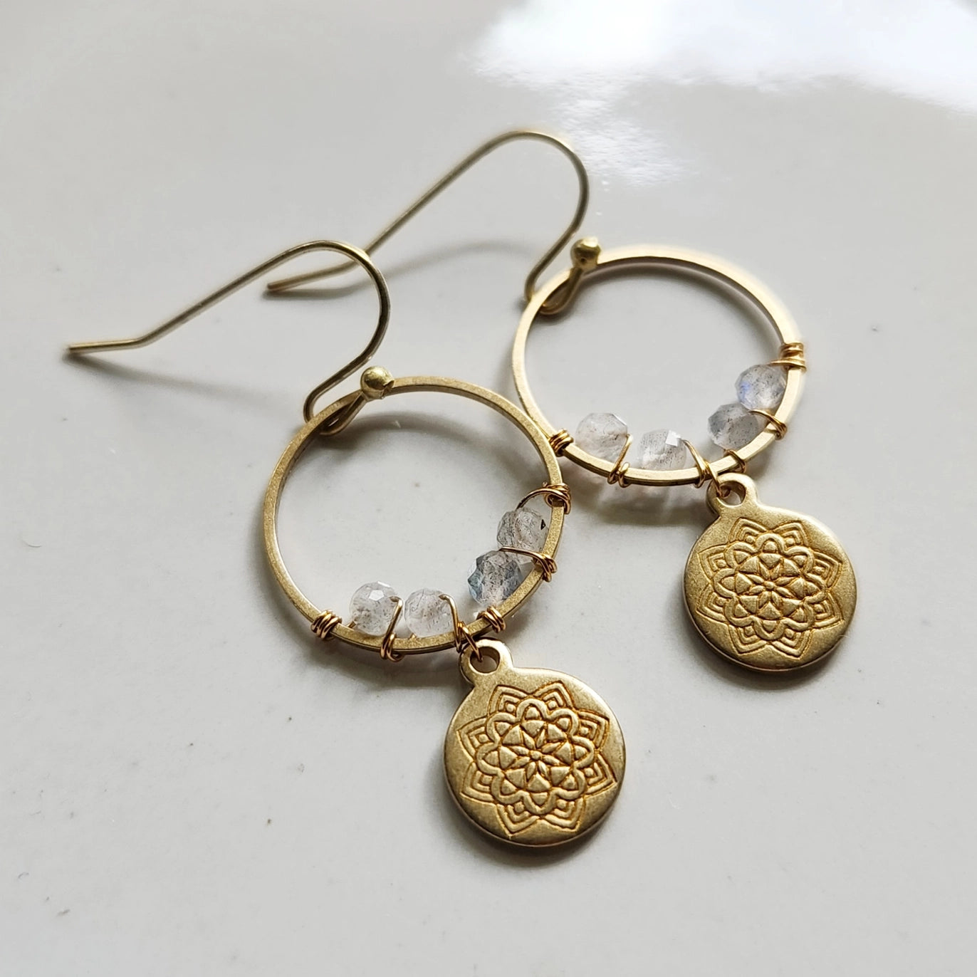 Gemstone & Lotus Charm Beaded Wire Wrapped Dangle Earrings
