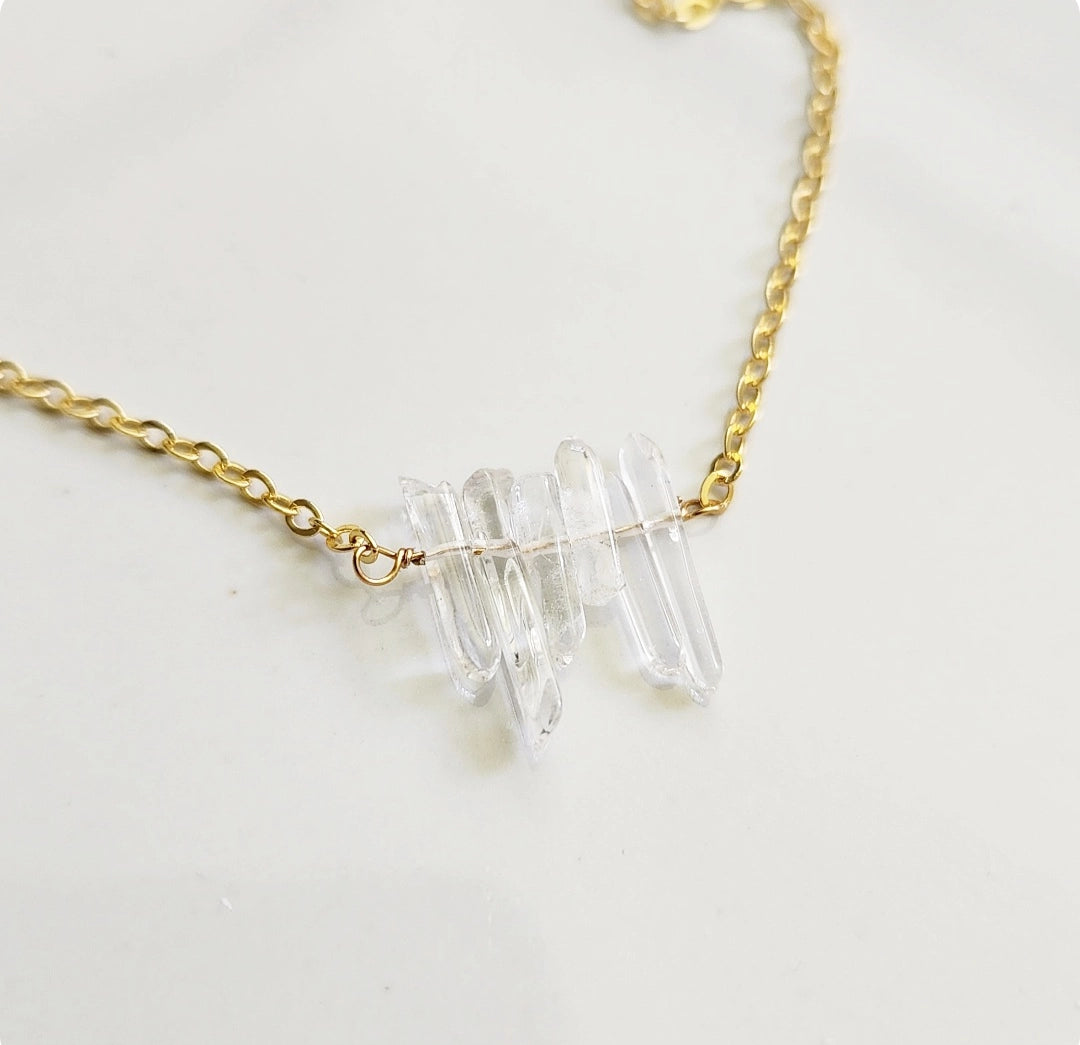 Natural Mini Quartz Stick Crystal Beaded Bib Necklace