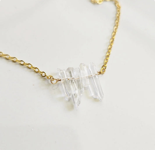 Natural Mini Quartz Stick Crystal Beaded Bib Necklace