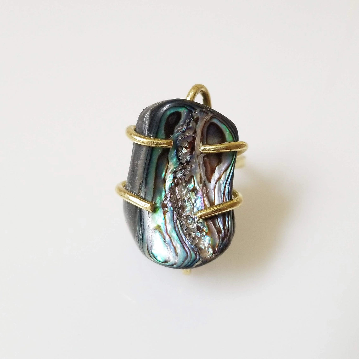 Natural Abalone Shell & Prong Set Adjustable Brass Ring