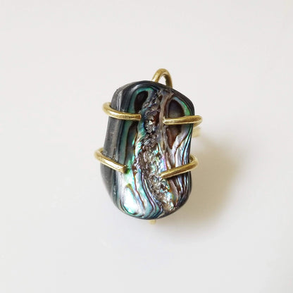 Natural Abalone Shell & Prong Set Adjustable Brass Ring