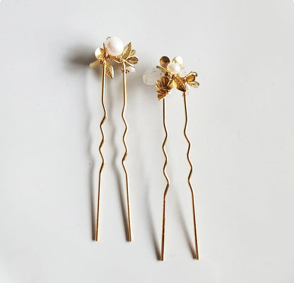 Flower Cluster Hairpins with Moonstone, Pearls and Brass