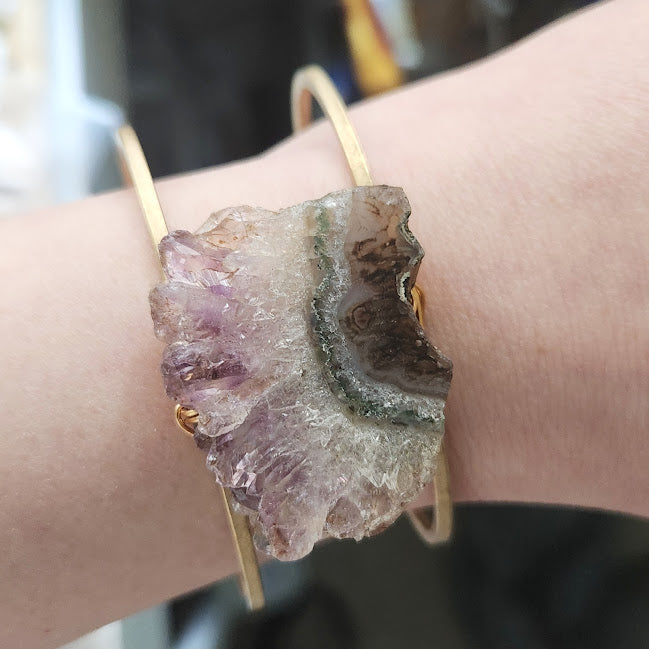 Natural Amethyst Druzy and Brass Wire Wrapped Cuff Bracelet