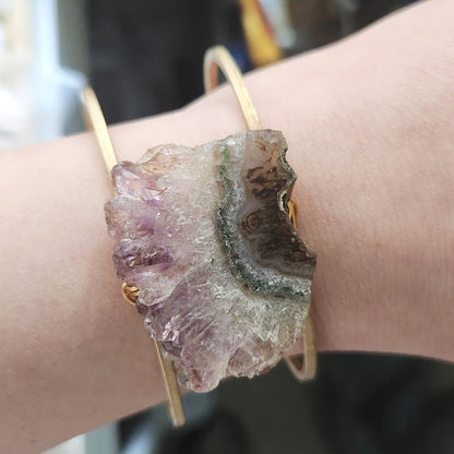 Natural Amethyst Druzy and Brass Wire Wrapped Cuff Bracelet