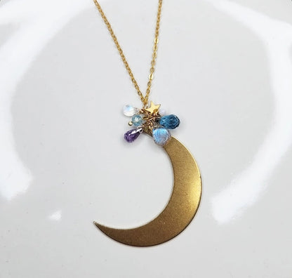 Gemstone Cluster with Moon & Star Zodiac Pendant Necklace