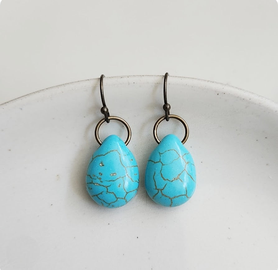 Turquoise Blue Howlite & Antiqued Brass Post Dangle Earrings