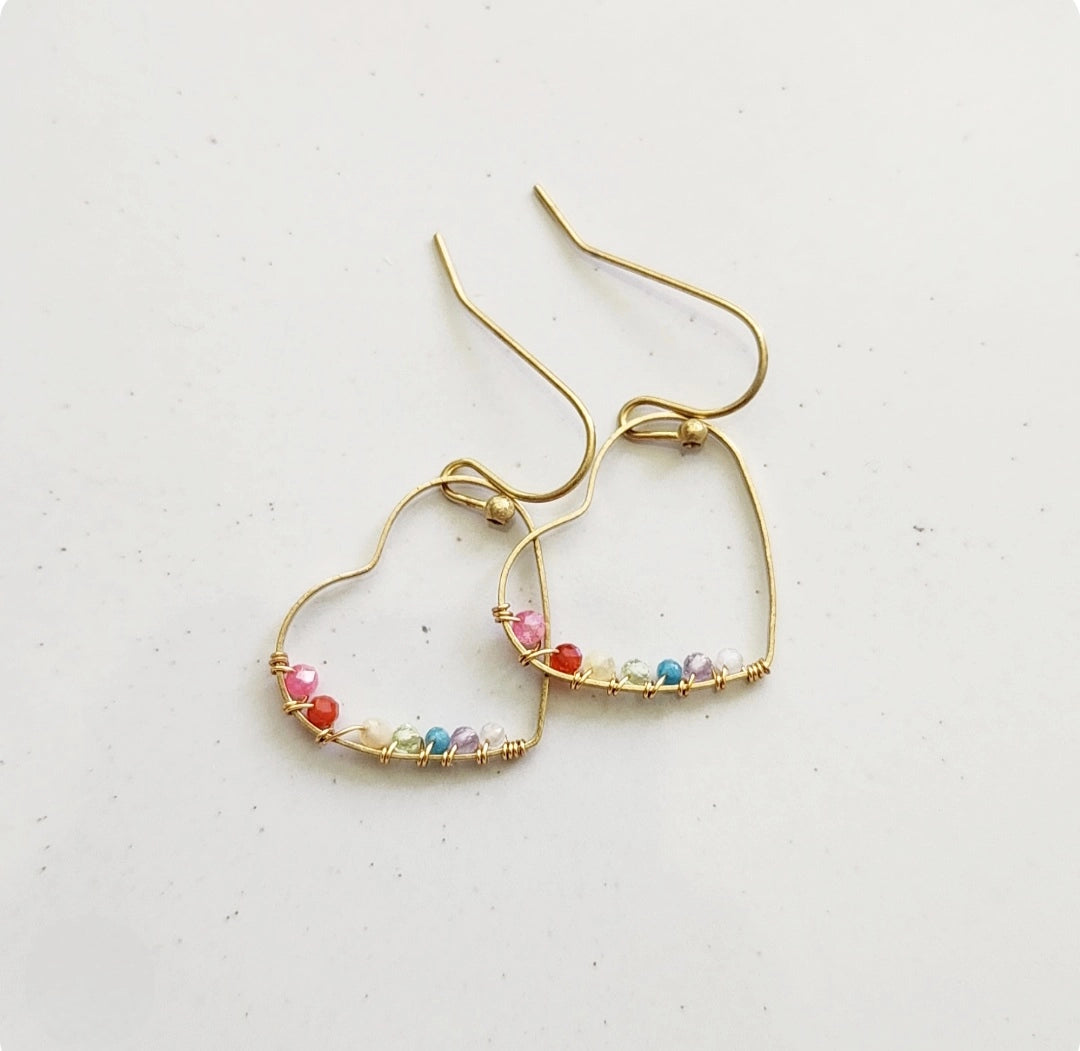 Rainbow Gemstone Wire Wrapped Heart Dangle Earrings