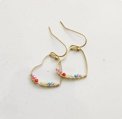 Rainbow Gemstone Wire Wrapped Heart Dangle Earrings