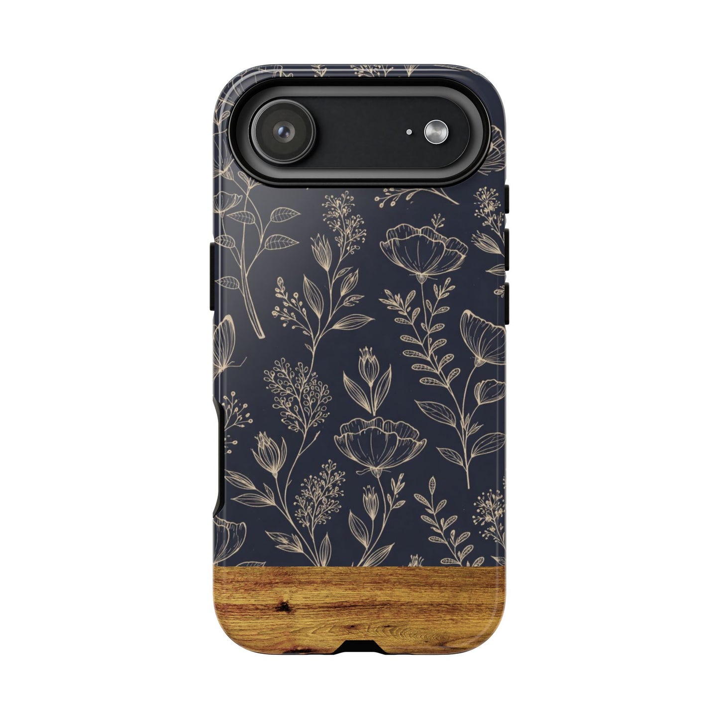 Floral Navy Tough Phone Case — Wood Accent Protective Cover