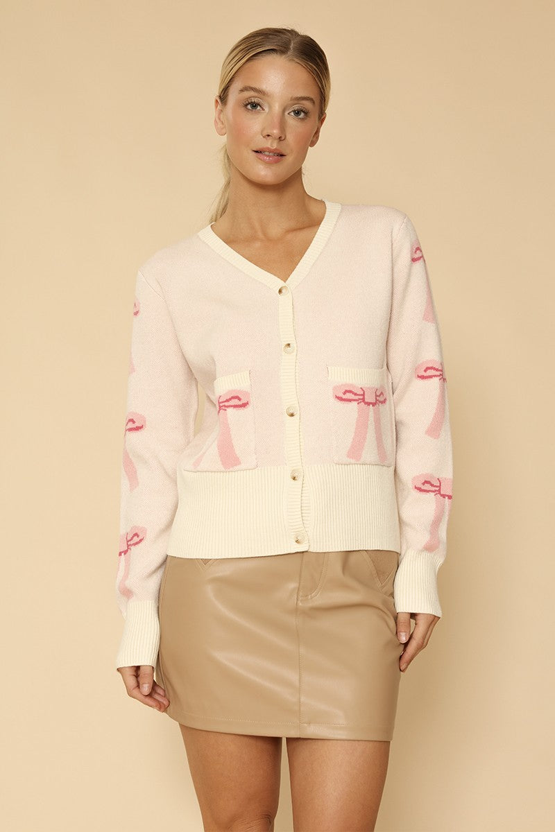 Cropped Knit Bow Cardigan With Pockets
