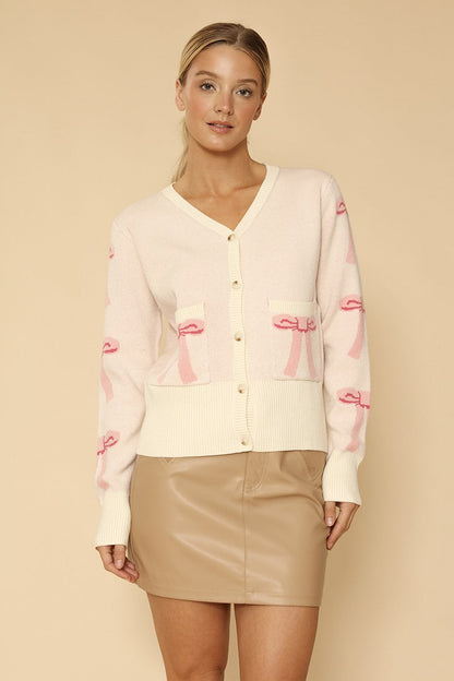 Cropped Knit Bow Cardigan With Pockets