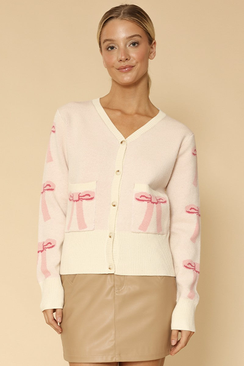 Cropped Knit Bow Cardigan With Pockets