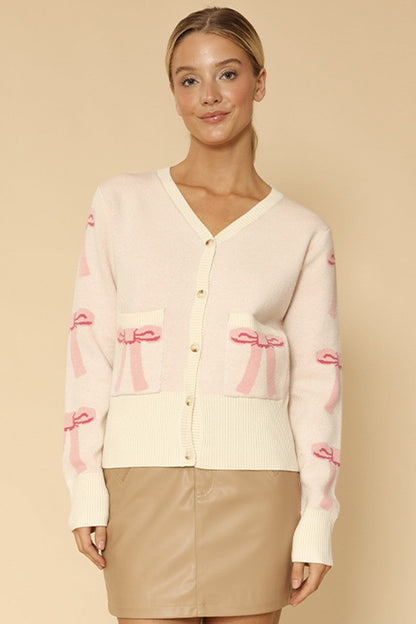Cropped Knit Bow Cardigan With Pockets