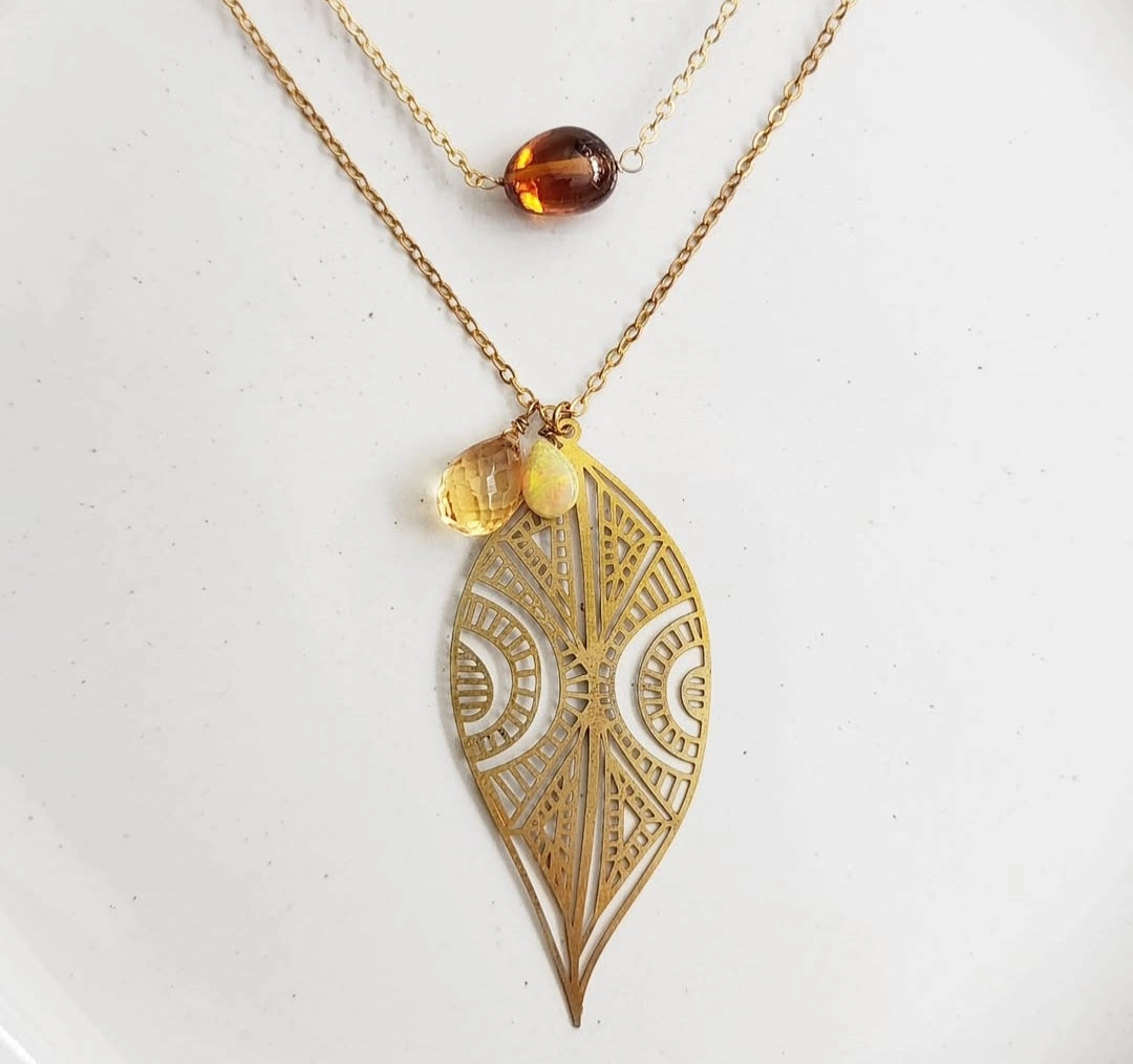 Golden Gemstone and Floral Layering Necklaces For Fall