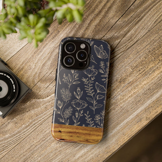 Floral Navy Tough Phone Case — Wood Accent Protective Cover
