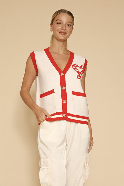 Candy Cane Knit Button Front Vest