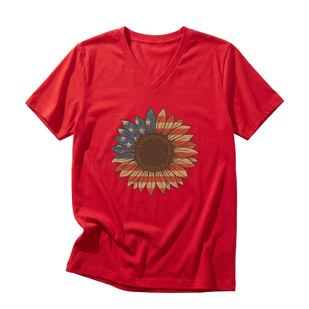 Floral Stars and Stripes - Short Sleeve V-Neck Tee