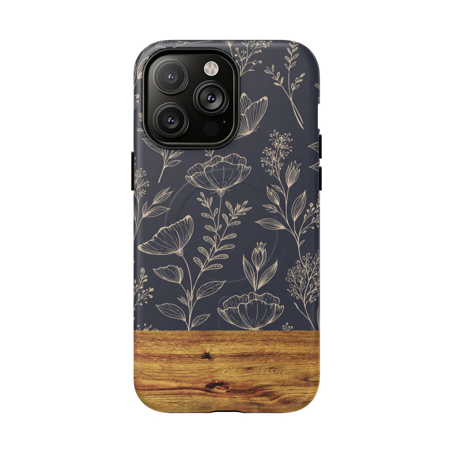 Floral Woodgrain Tough Magnetic Phone Case — Navy Botanical Protection
