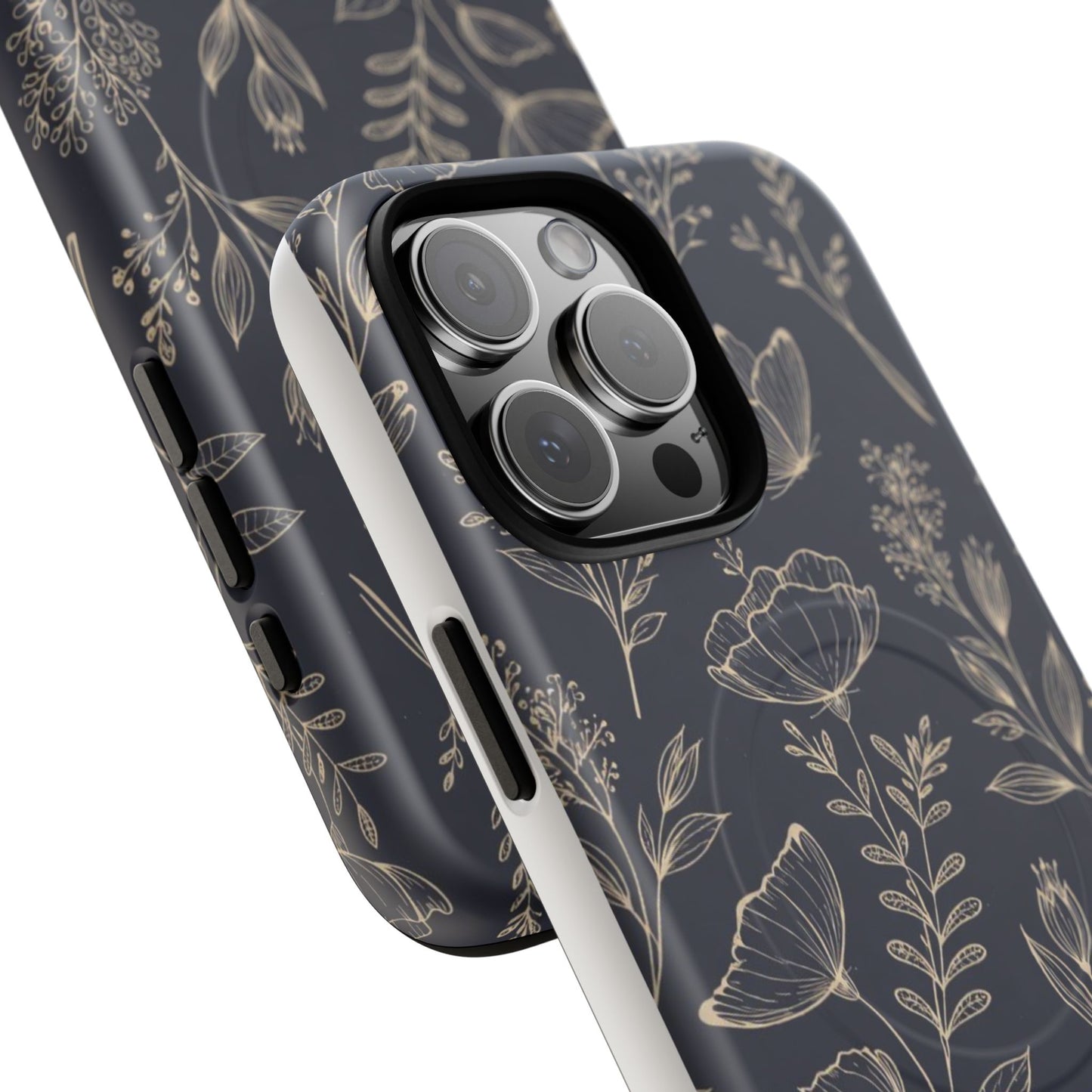 Floral Woodgrain Tough Magnetic Phone Case — Navy Botanical Protection