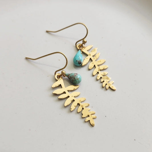Turquoise Droplet and Whimsical Leaf Dangle Easter Earrings
